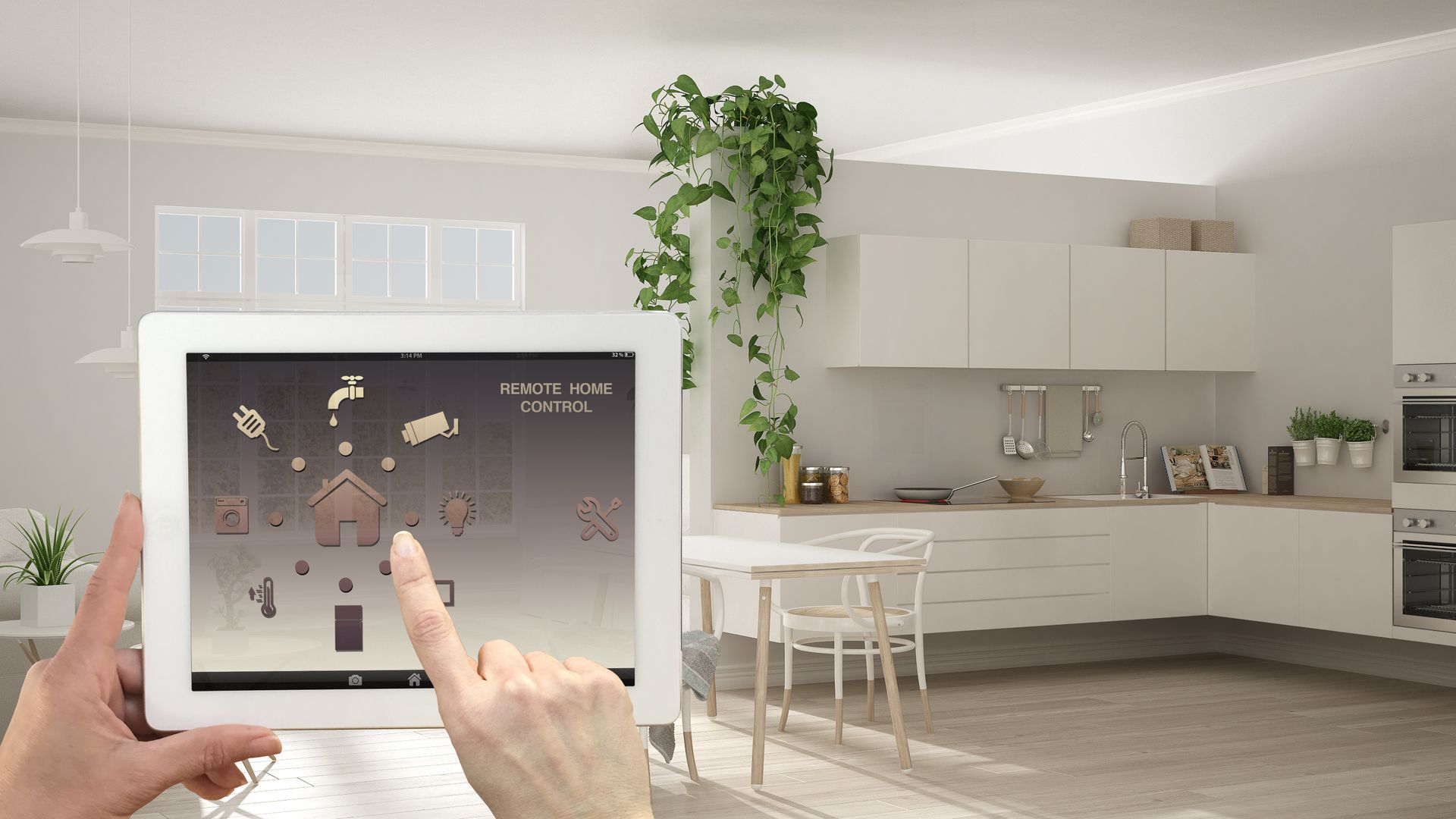 Hands using a tablet in a bright modern kitchen with a virtual augmented-reality interface.