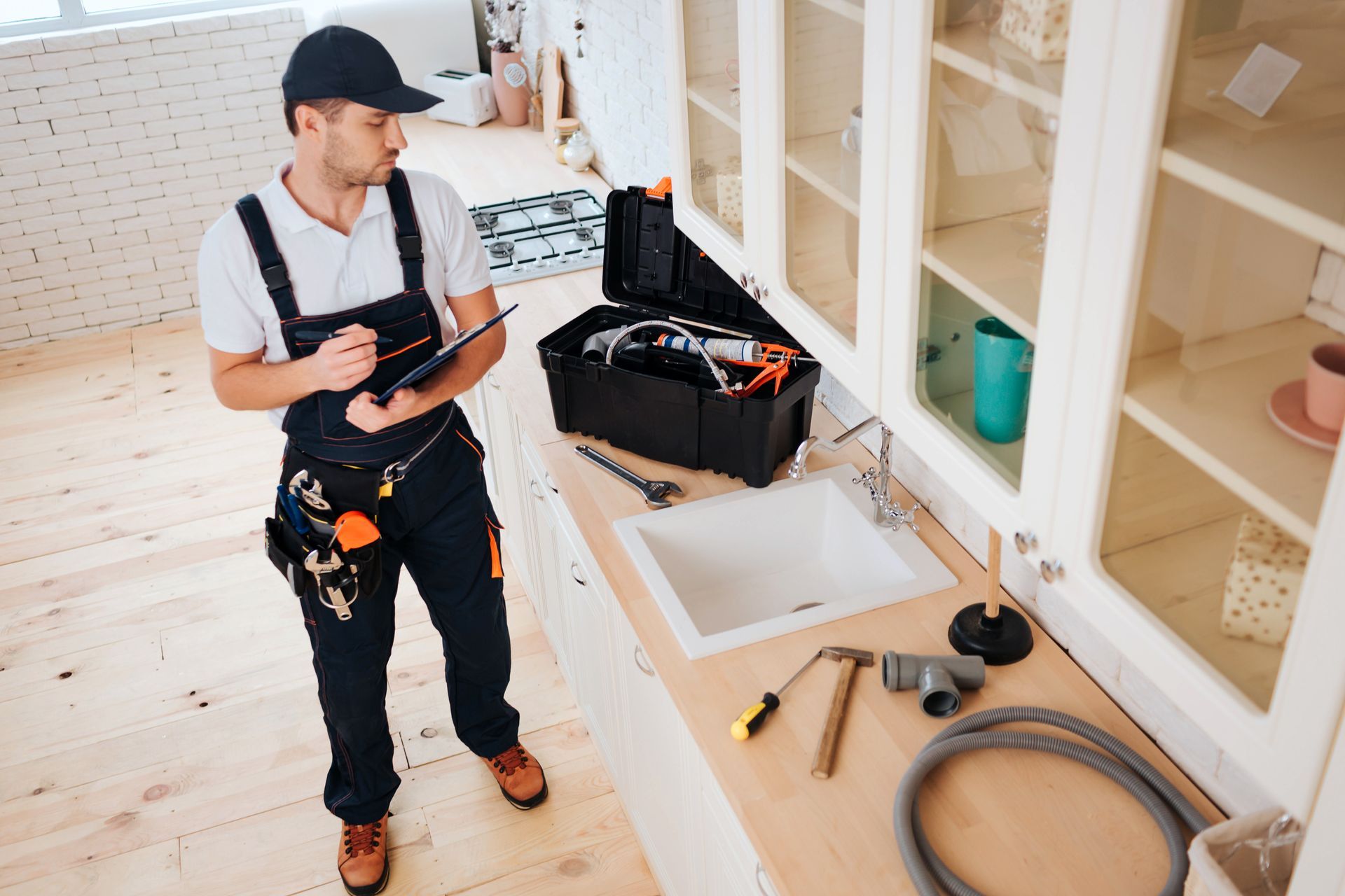 Technician holding a tablet beside an open toolbox and plumbing tools in a bright kitchen.