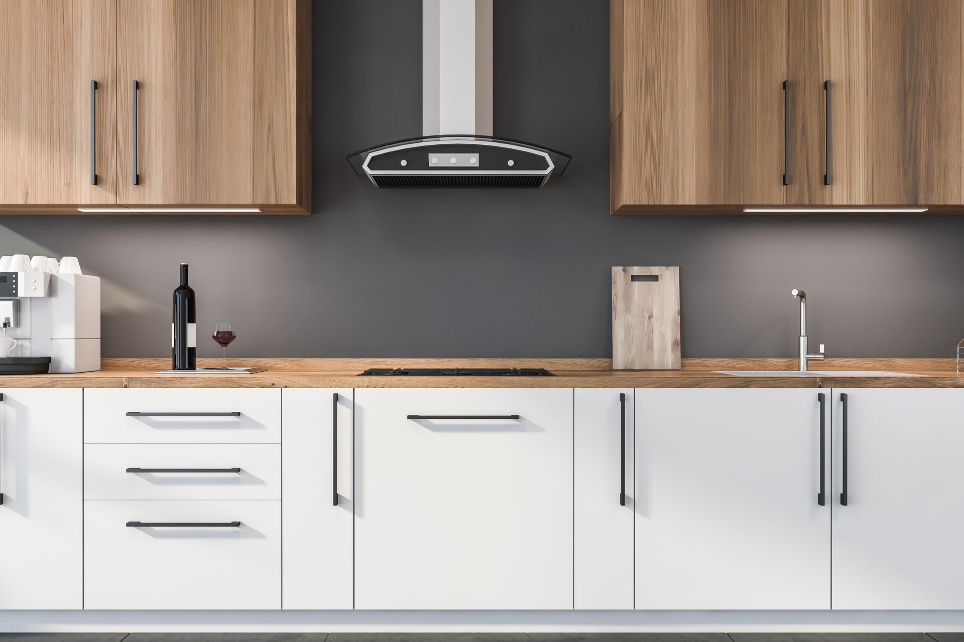 Modern kitchen with white cabinets, wooden upper cabinets, and a black range hood
