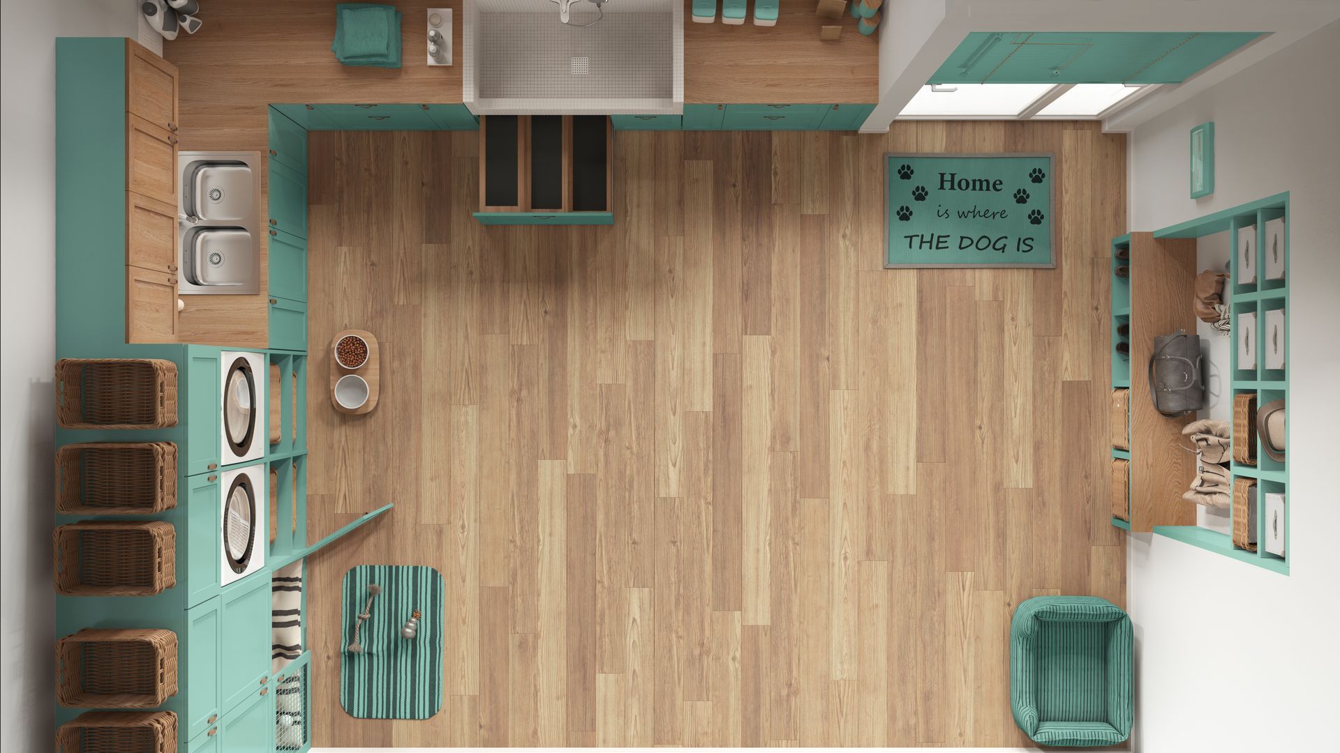 Top-down view of a small modern kitchen with wood floors, teal accents, sink, stove, and dining table.