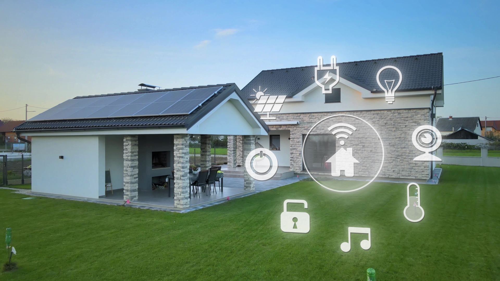 Modern house with solar panels and smart home icons over a green lawn at dusk