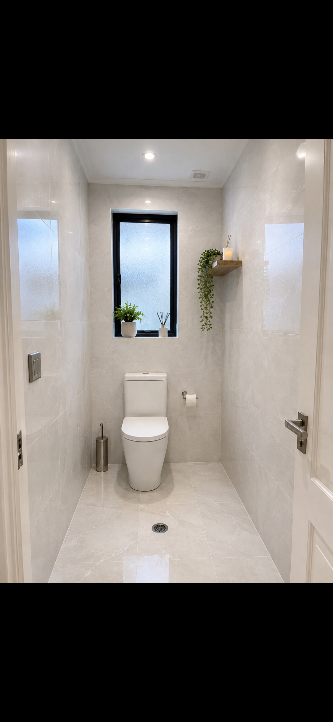 Narrow beige bathroom with a toilet, window, and wall shelf holding a plant and towel.