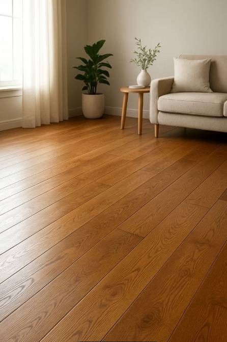 Luminoso salón con suelo de madera, sofá blanco y una planta en maceta junto a una ventana soleada.