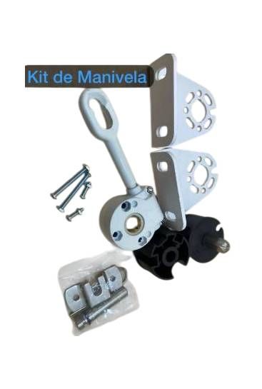 Kit de manivela con mango de metal, soportes, tornillos y herrajes de montaje sobre fondo blanco