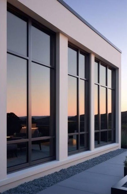 Edificio moderno con fachada de grandes ventanales reflectantes al atardecer.