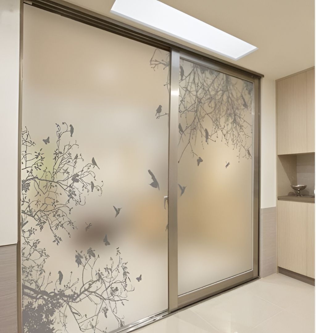 Puerta corrediza de vidrio con calcomanías florales esmeriladas y un pequeño banco al lado.