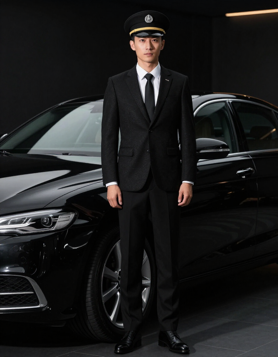 Professional chauffeur beside luxury black vehicle