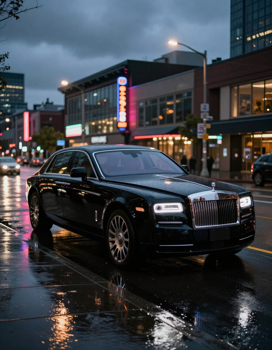 Sleek black luxury town car on a Seattle street at dusk