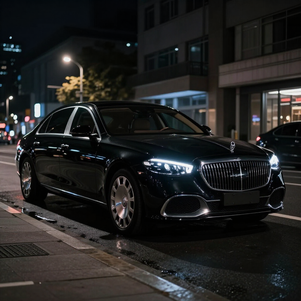Black luxury sedan on urban street at night