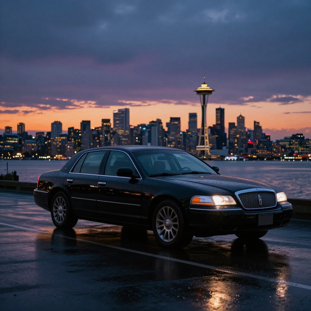 Black town car at Seattle waterfront at dusk