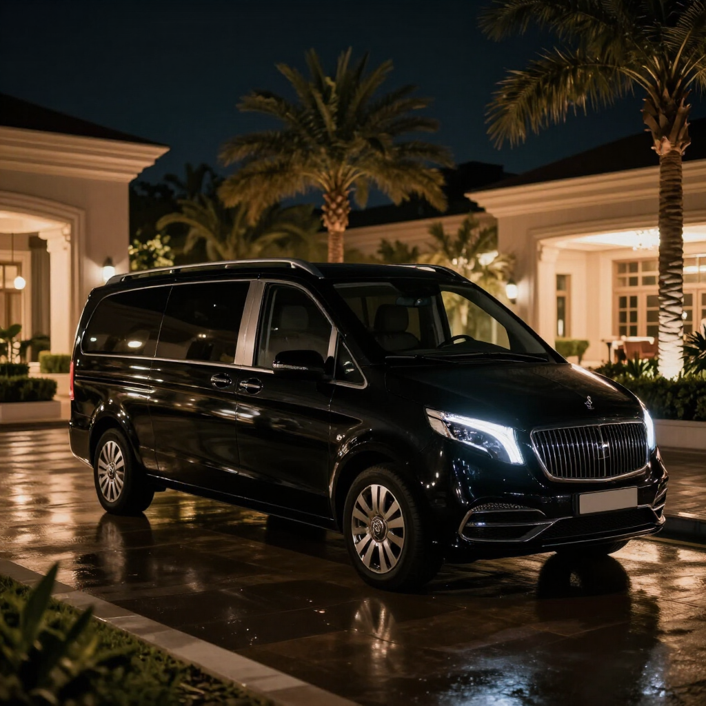 Black luxury passenger van at hotel driveway night