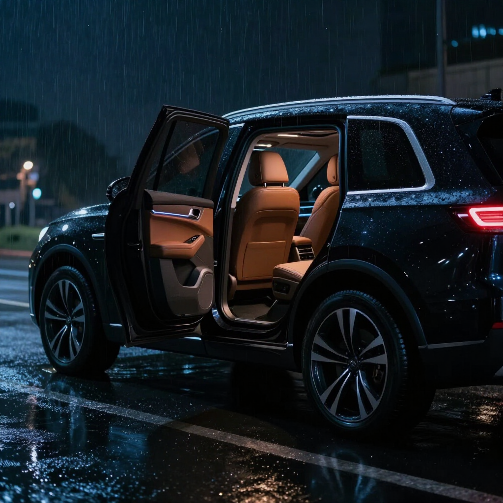 Black SUV with open rear door glowing interior