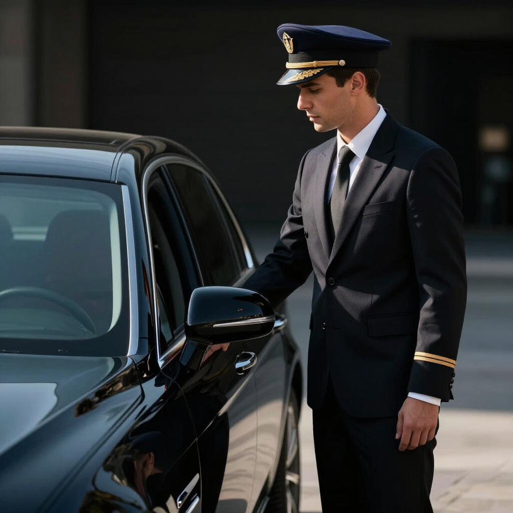 Chauffeur in uniform holding door of black vehicle