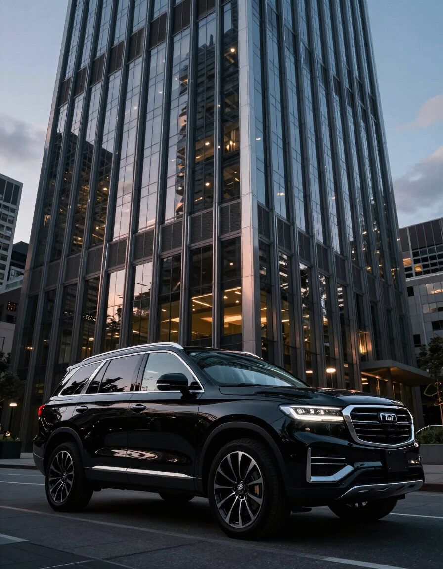Black executive sedan at Seattle office tower at dusk