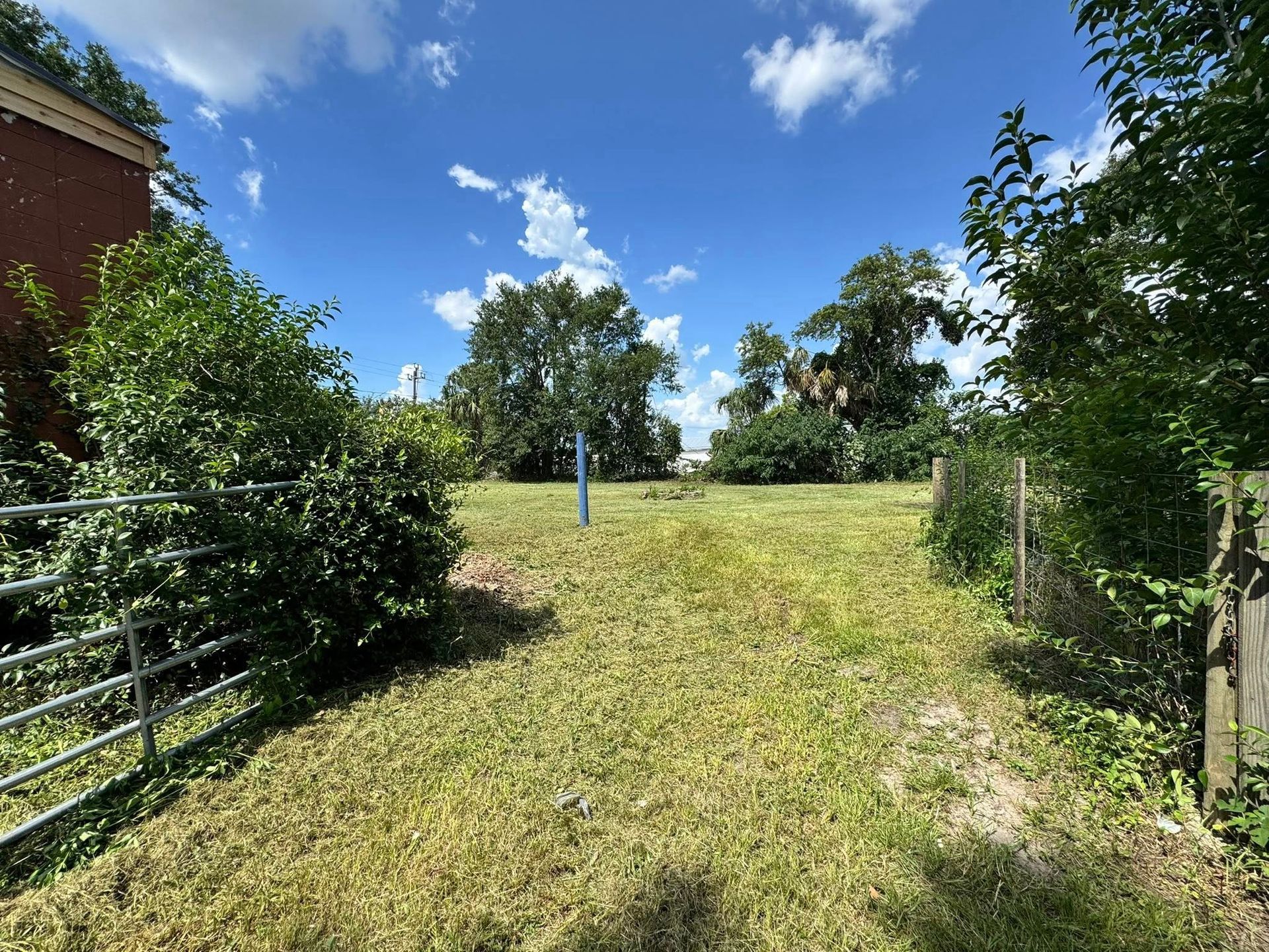 Grassy lot with blue sky and trees. Metal gate on the left, wooden fence on the right.