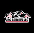 JRG Builders logo. Dark gray text with a turquoise house icon and a horizontal turquoise line, on a light gray background.