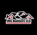 JRG Builders logo. Dark gray text with a turquoise house icon and a horizontal turquoise line, on a light gray background.