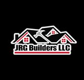 JRG Builders logo. Dark gray text with a turquoise house icon and a horizontal turquoise line, on a light gray background.