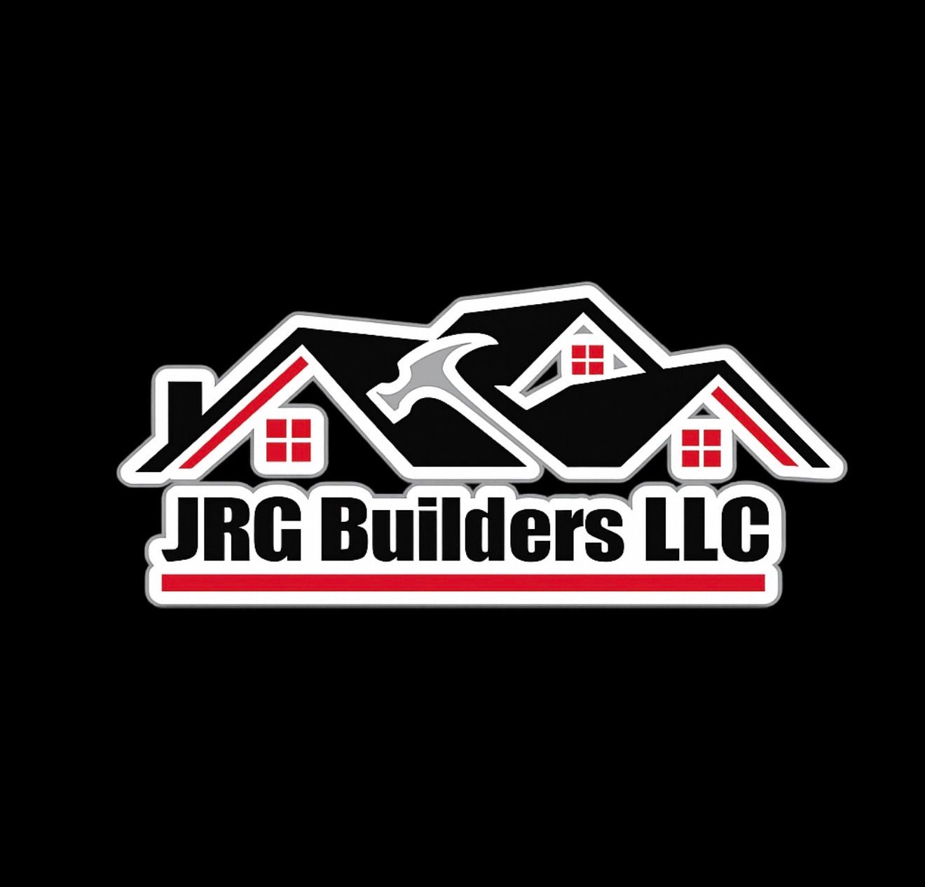 JRG Builders logo. Dark gray text with a turquoise house icon and a horizontal turquoise line, on a light gray background.