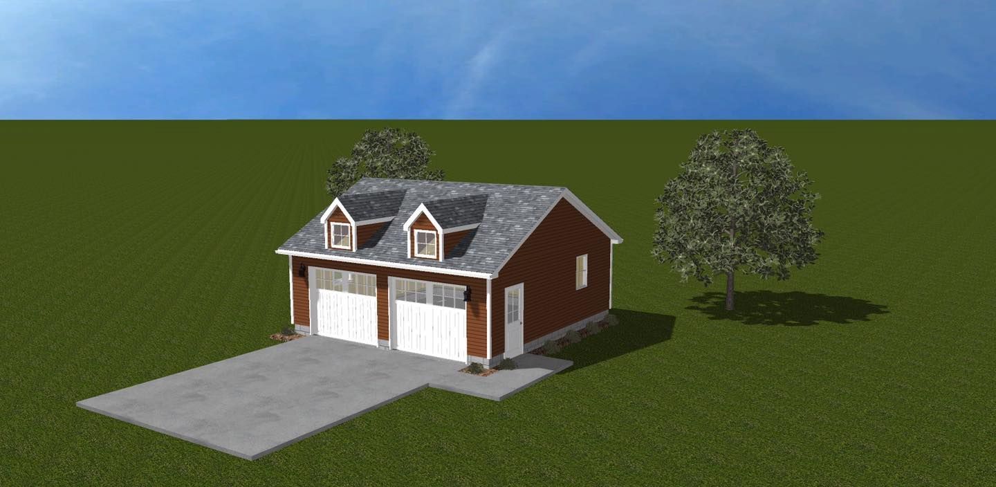 A two-car garage with a red exterior, white doors, and a gray roof, in a grassy setting.