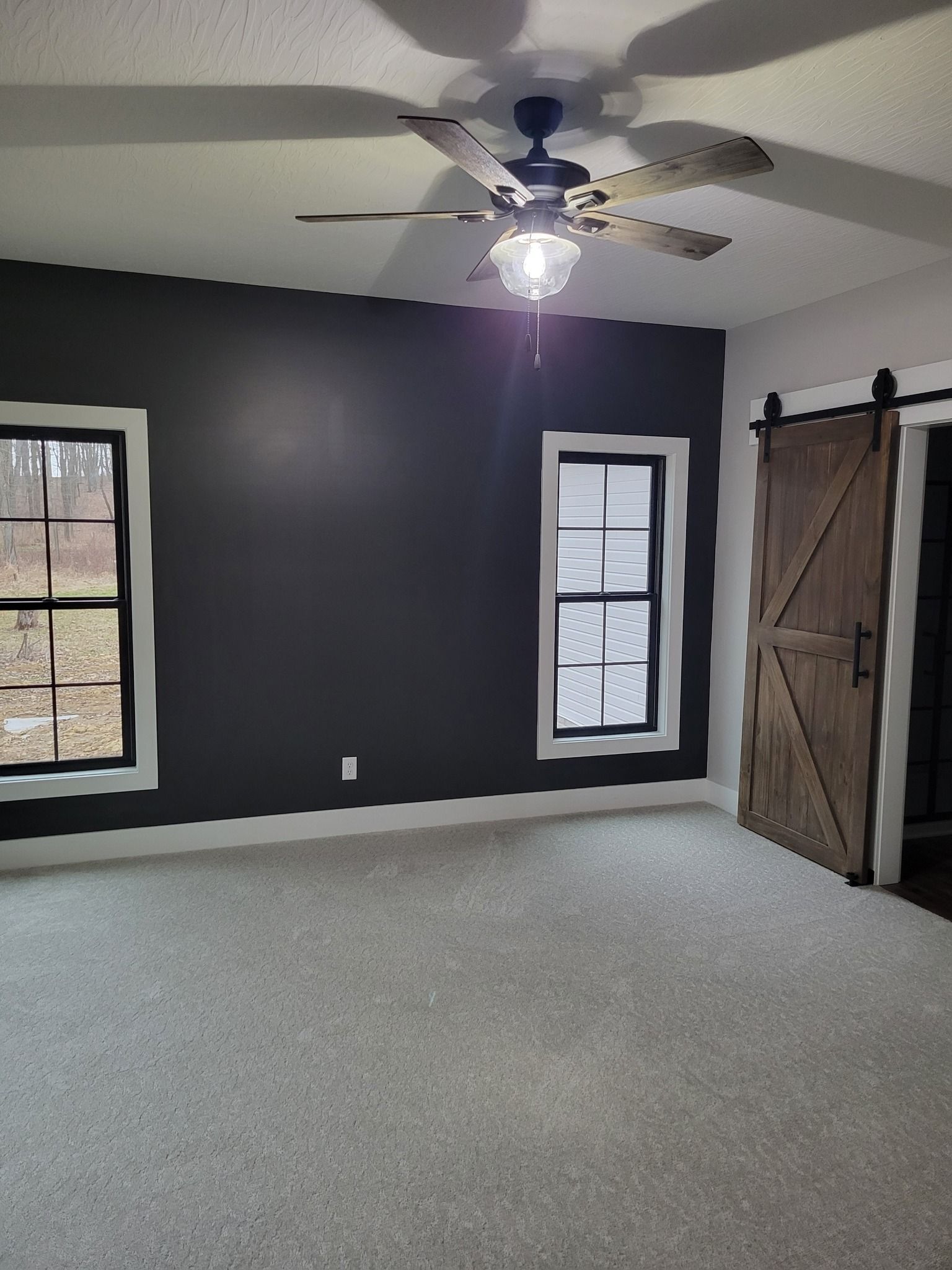 Empty bedroom with gray walls, two windows, wood-look sliding door, and neutral carpet.