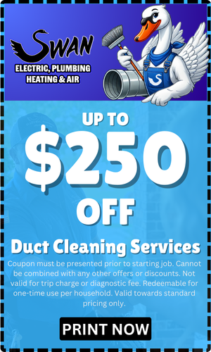 A coupon for swan electric plumbing heating and air duct cleaning services.