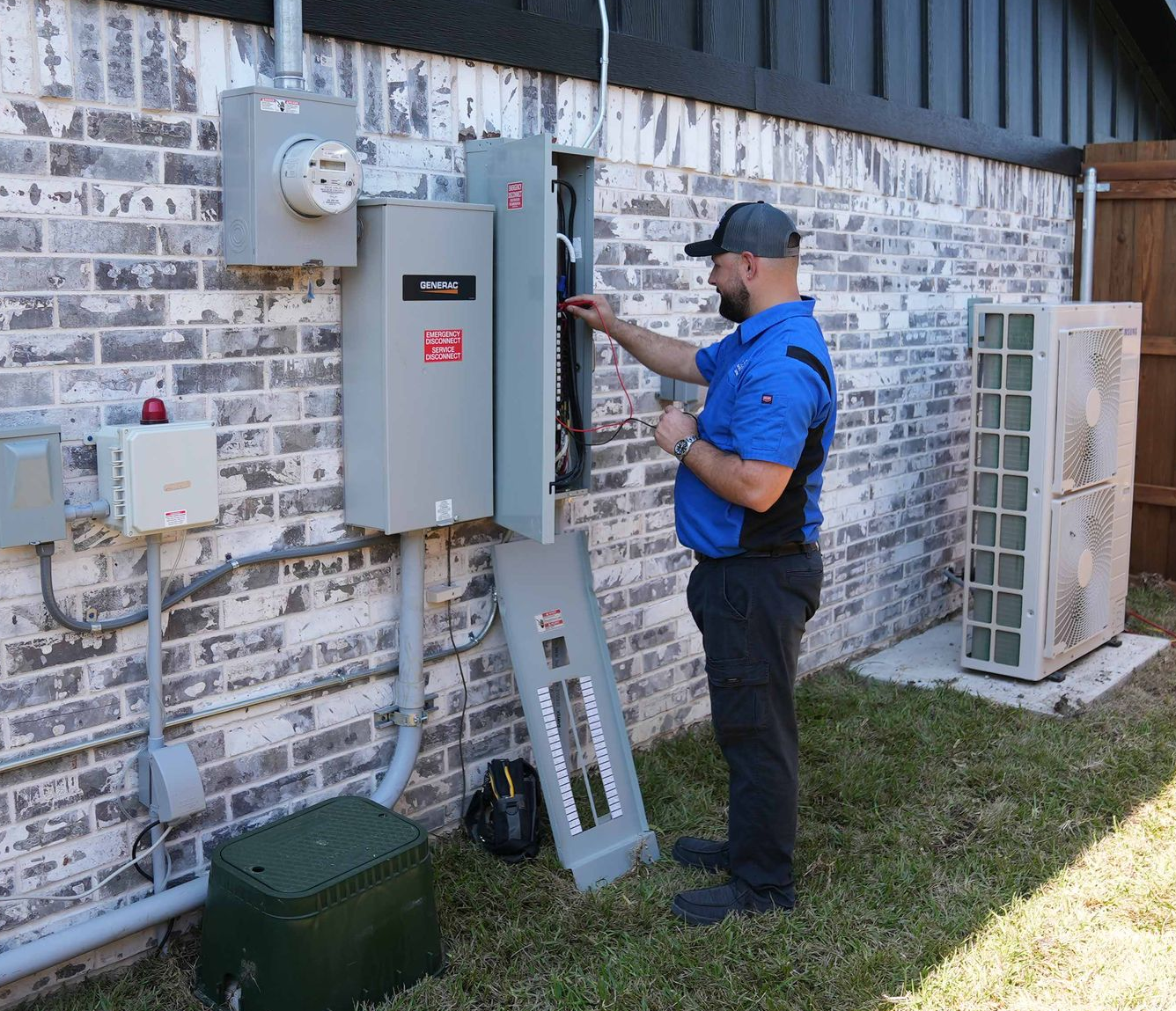 A man is working on an air conditioner outside of a house.
