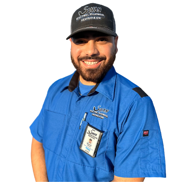 A man wearing a blue shirt and a black hat with the word smokey on it
