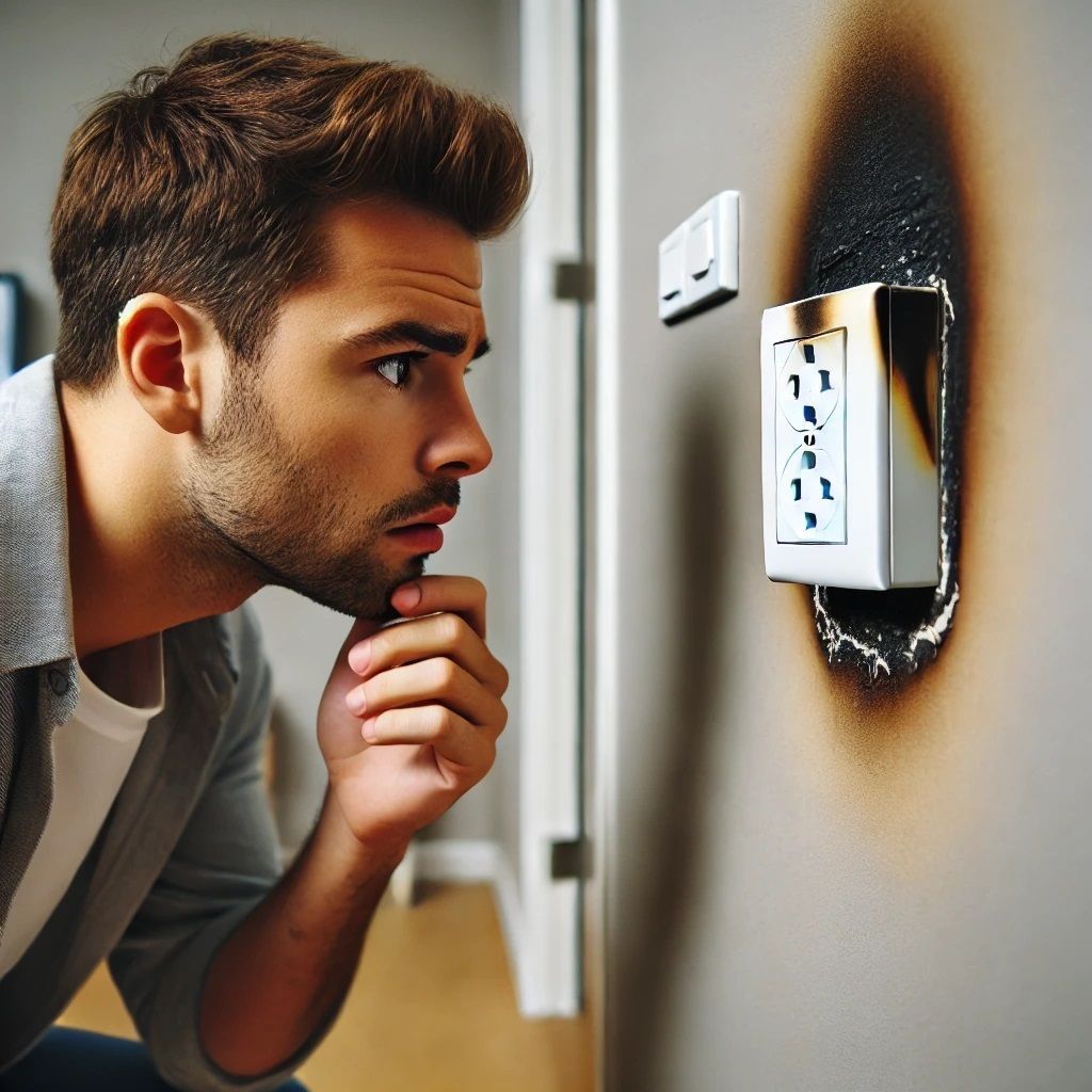 homeowner in dallas looking into a burning outlet and dimming light
