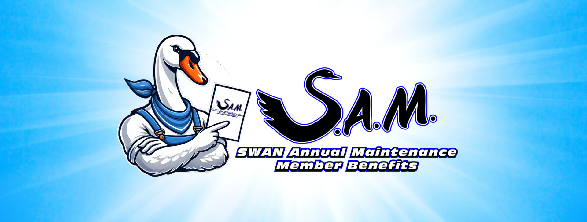 A logo for sam shows a swan holding a piece of paper