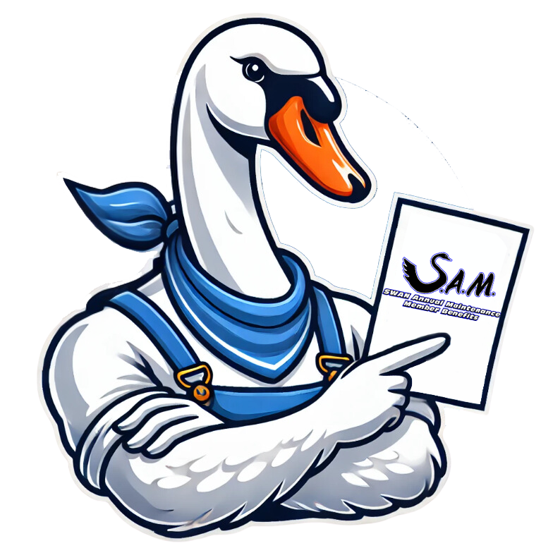 A cartoon swan is holding a piece of paper and pointing at it.
