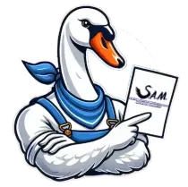 A cartoon swan is holding a piece of paper and pointing at it.