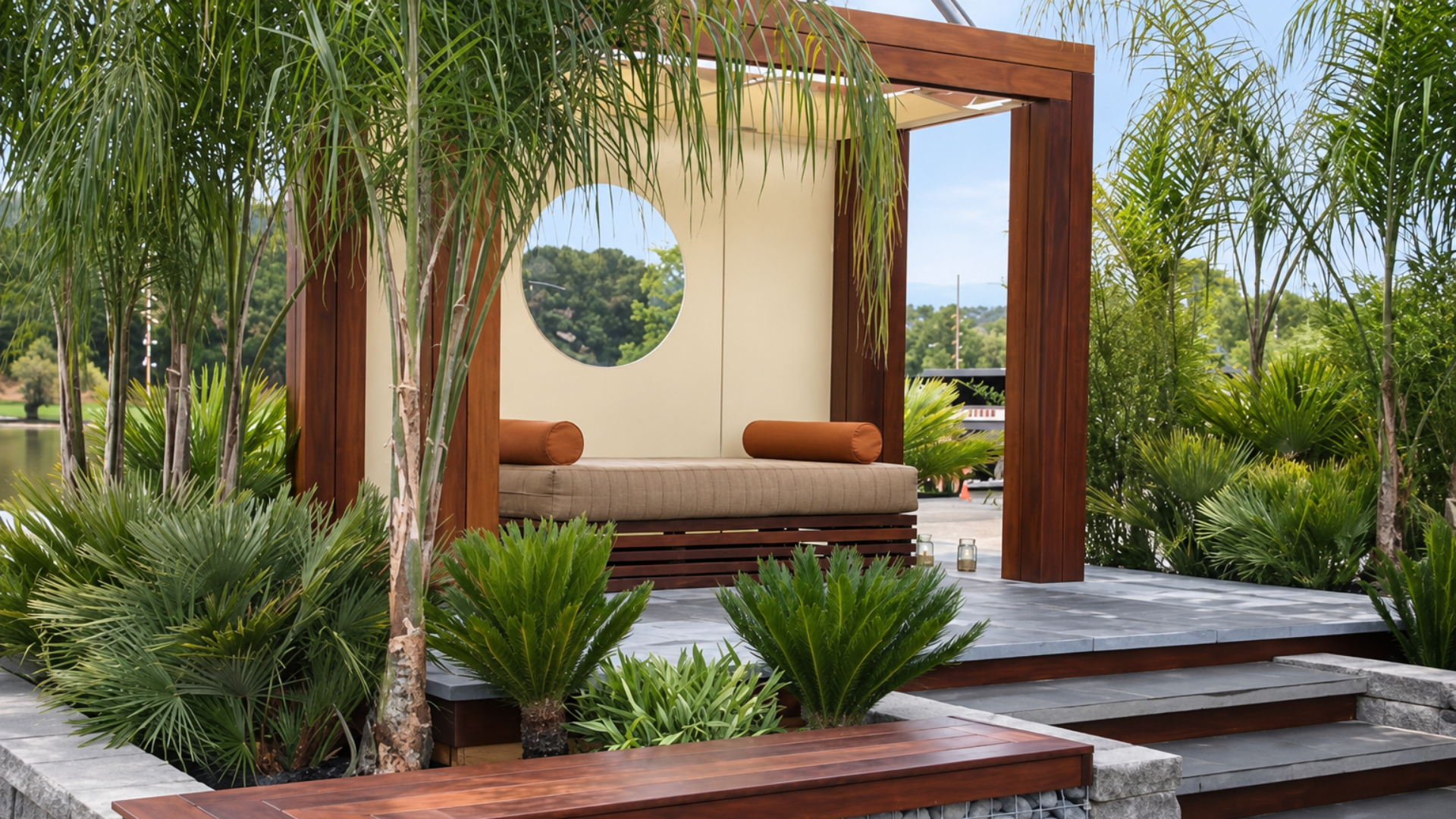 Modern outdoor lounge with wooden pergola, circular mirror, and green plants beside a pool,  a work of Jungle Bamboo and Palm Nursery