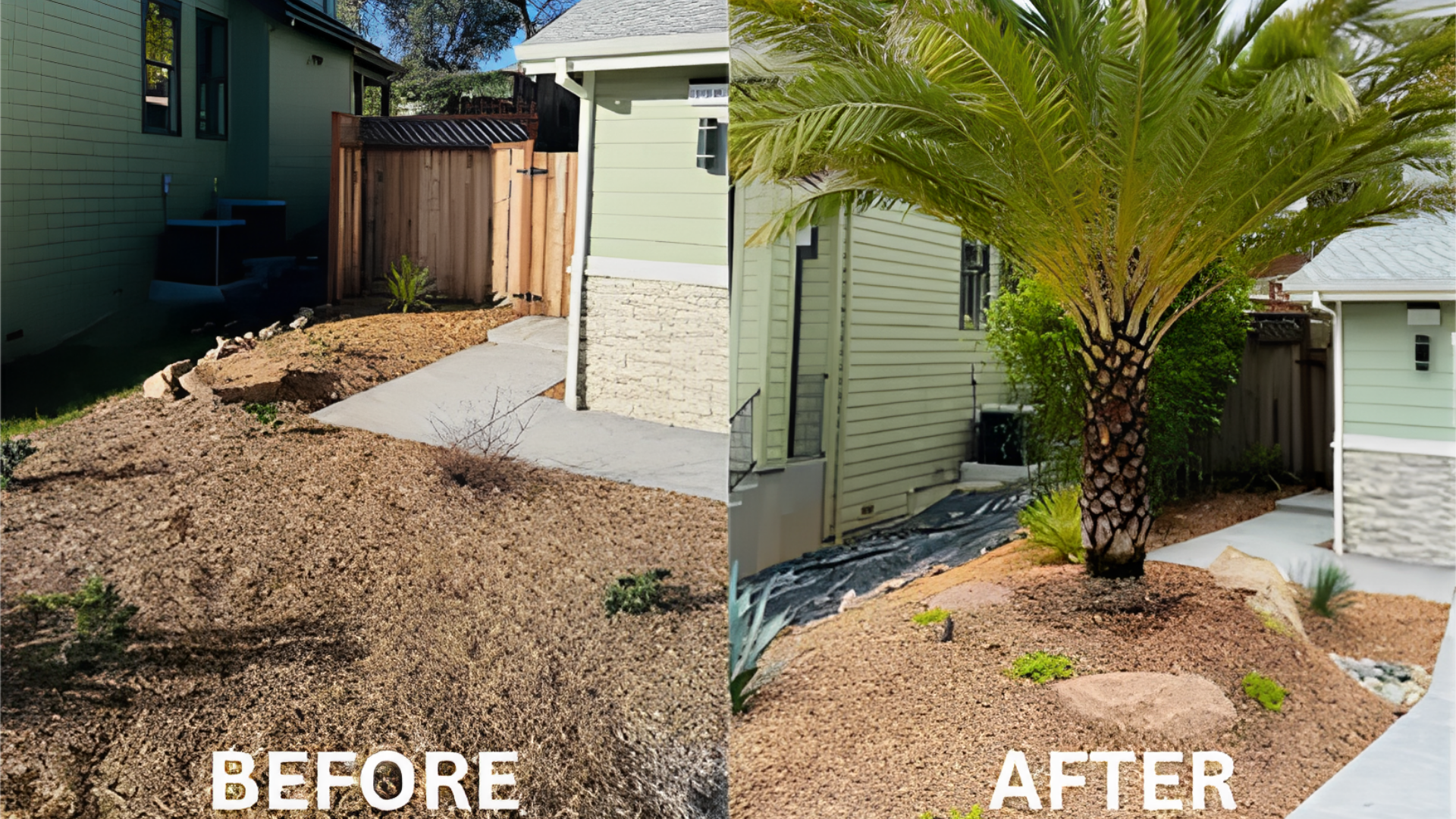 Before-and-after backyard landscaping with a palm tree and light green house exterior.