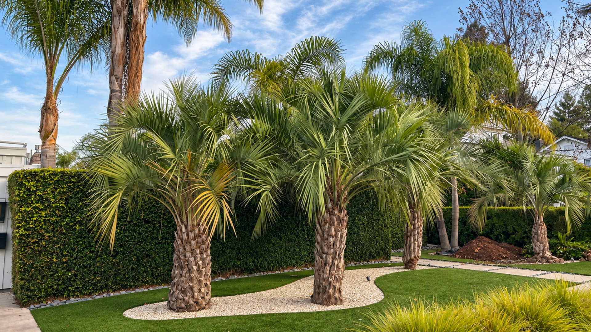 Landscaped yard with palm trees, trimmed hedges, and green grass in bright sunlight,  a work of Jungle Bamboo and Palm Nursery