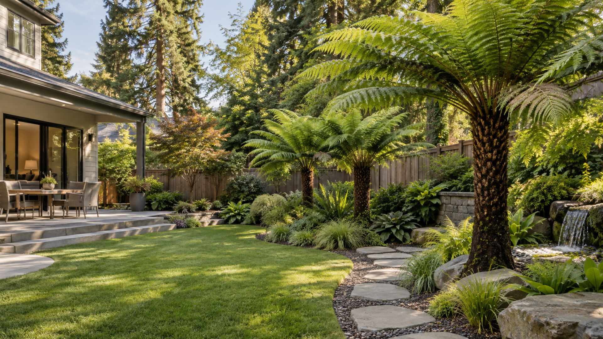 Lush garden patio with stone path, palm tree, and a modern house terrace surrounded by greenery.