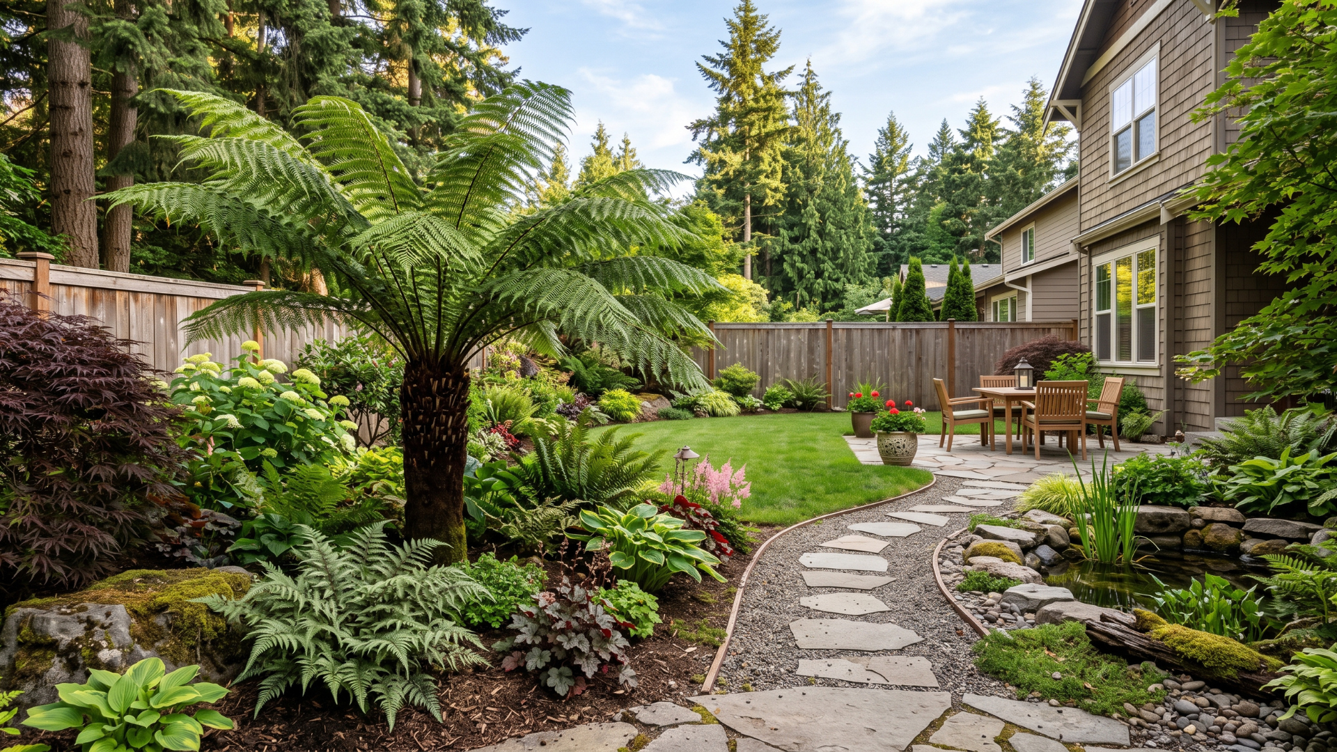 Lush backyard garden with stone path, wooden fence, patio chairs, and a house beside tall evergreen trees