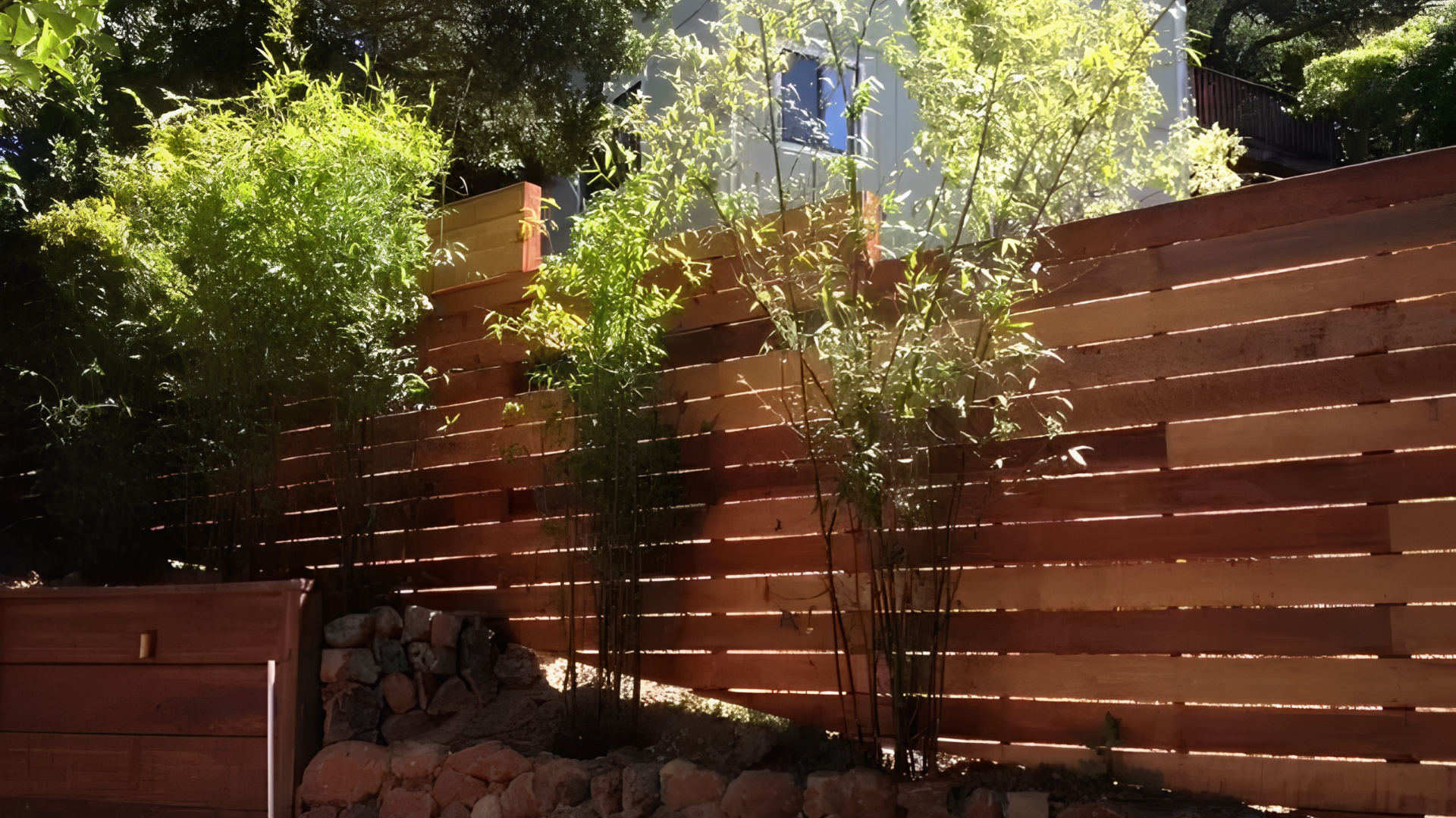 Sunlit backyard with a wooden slat fence, leafy trees, and stacked firewood in the corner.