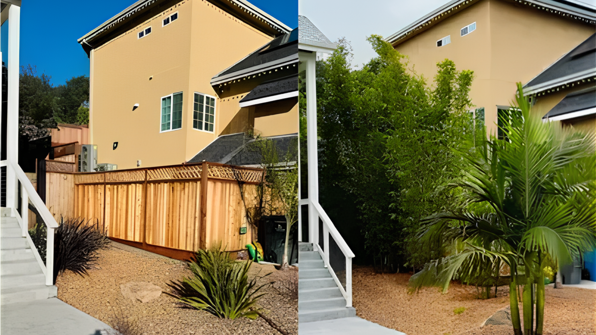 Two tan apartment exteriors with stairs, wooden fencing, and desert landscaping with palm and shrub greenery.