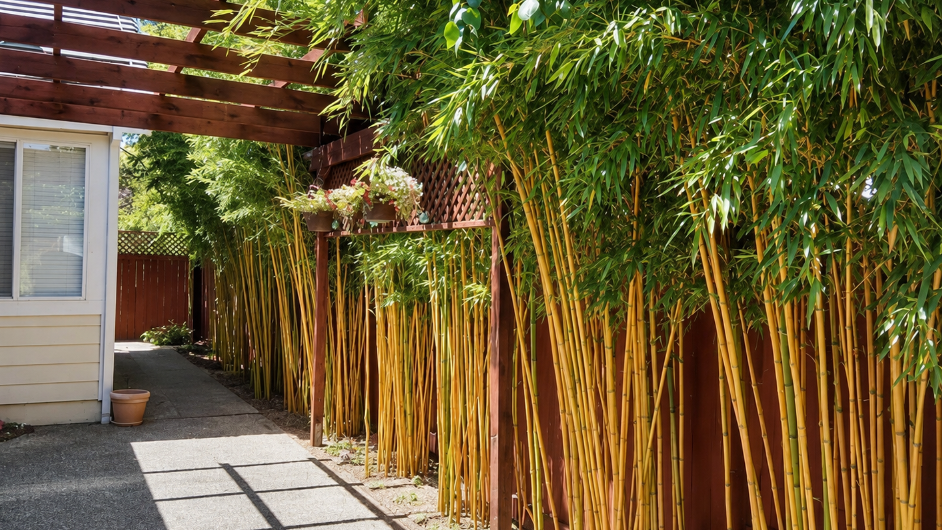 Sunlit backyard patio beside a house, with a wooden fence and tall bamboo plants