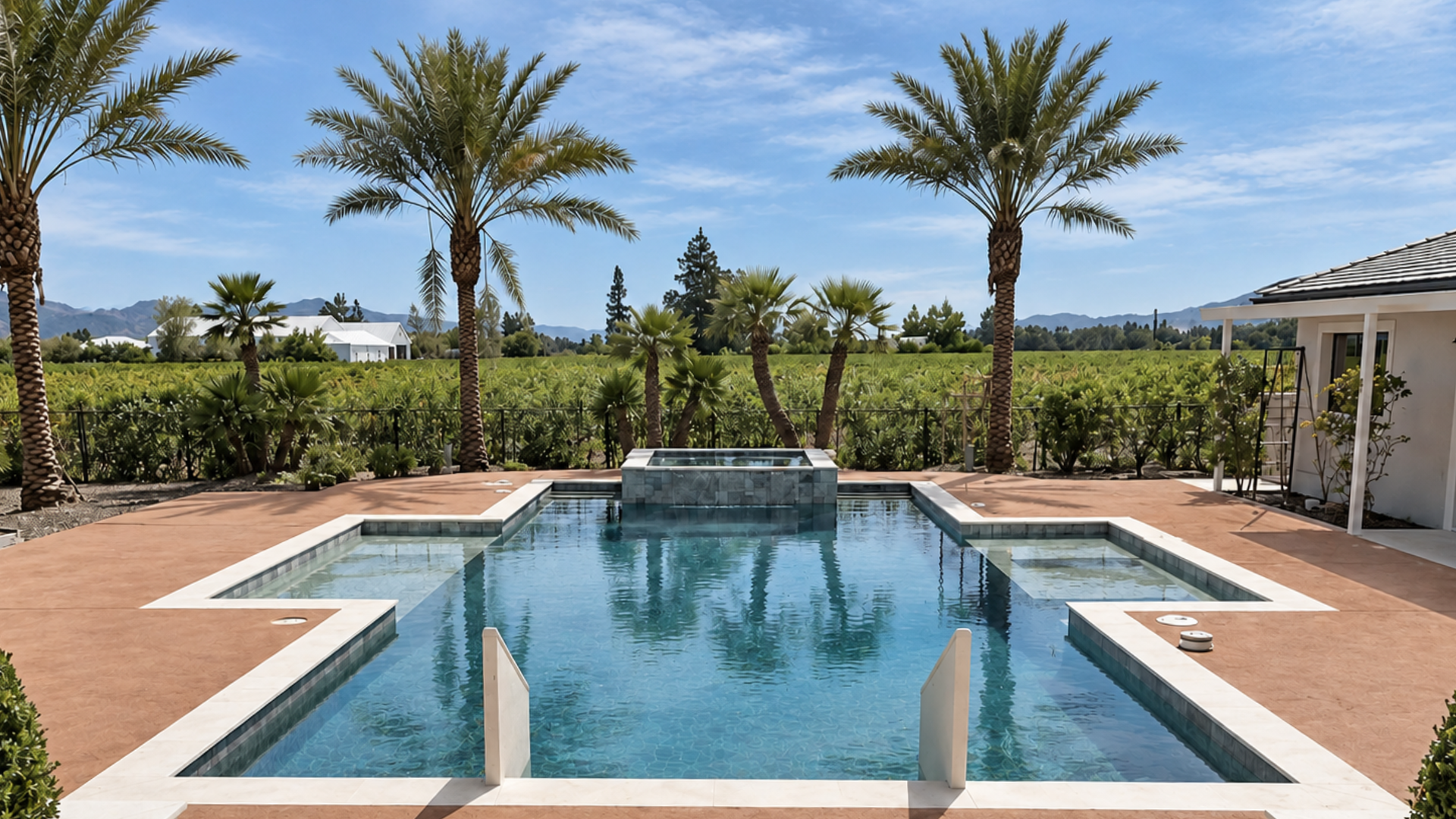 Sunny backyard pool with palm trees and a raised spa, bordered by red tile and white patio columns