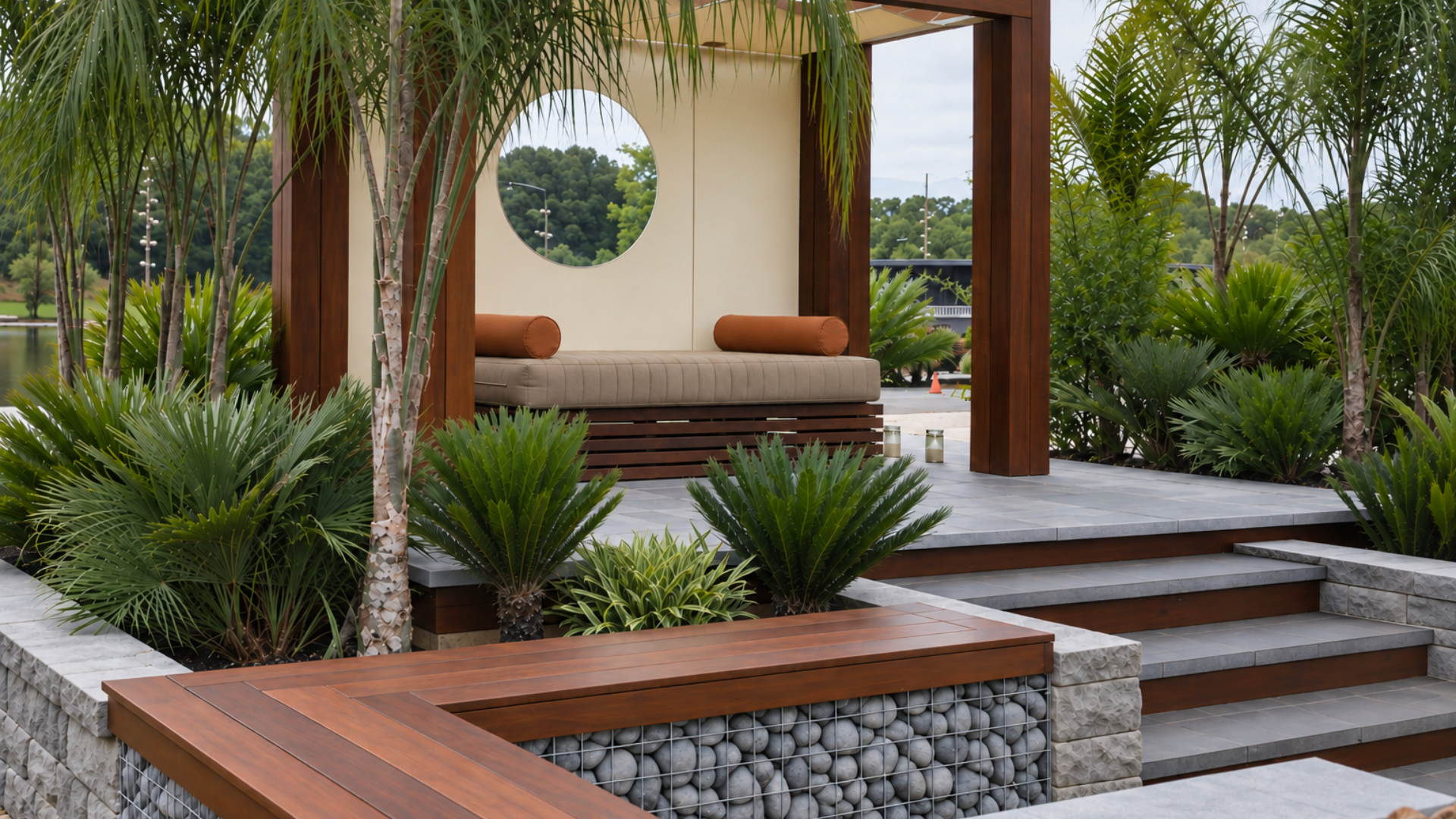 Modern garden patio with wooden pergola, cushioned bench, and landscaped steps surrounded by lush greenery