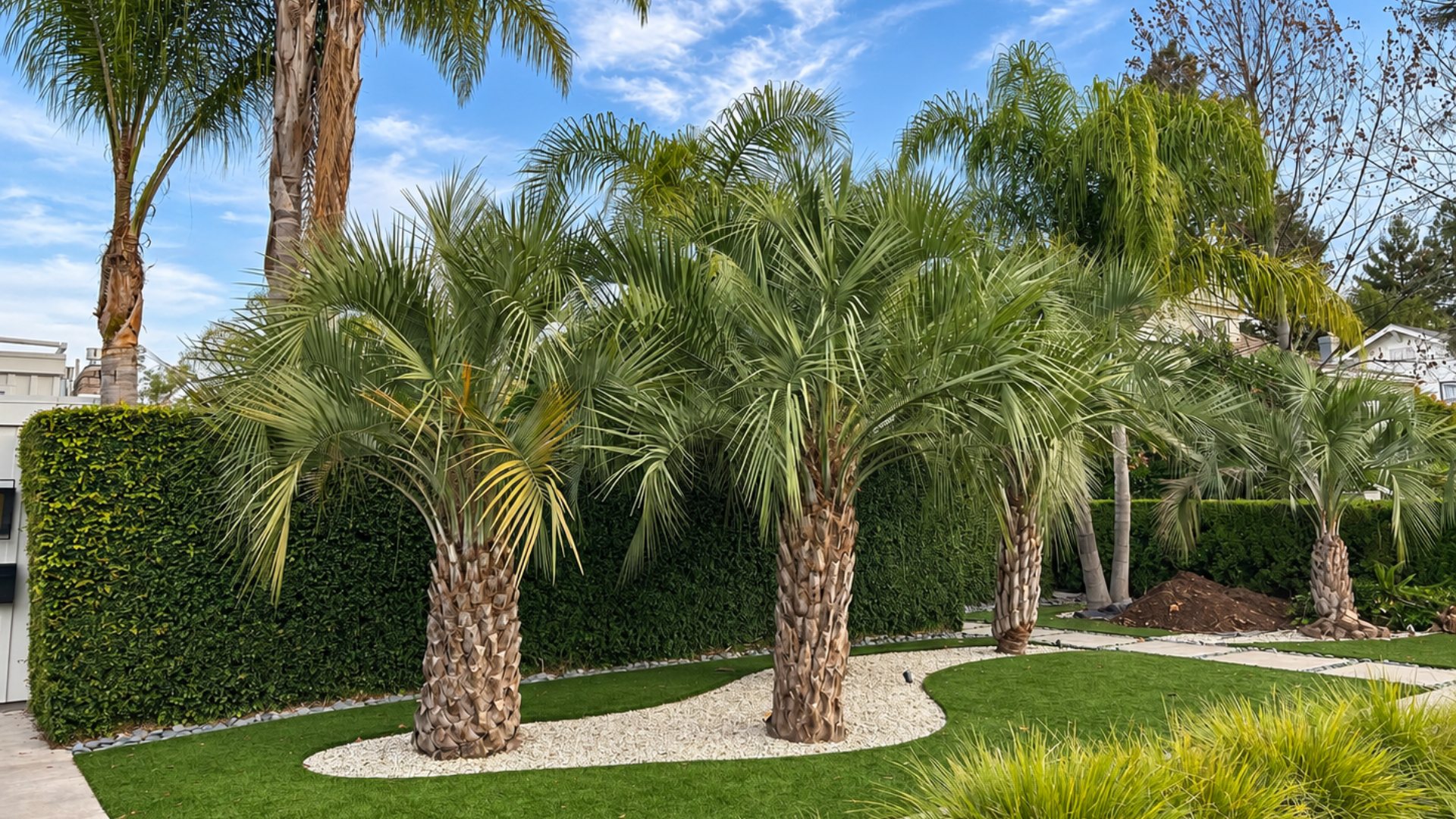 Three palm trees in a landscaped yard with hedges and a white path under a clear sky
