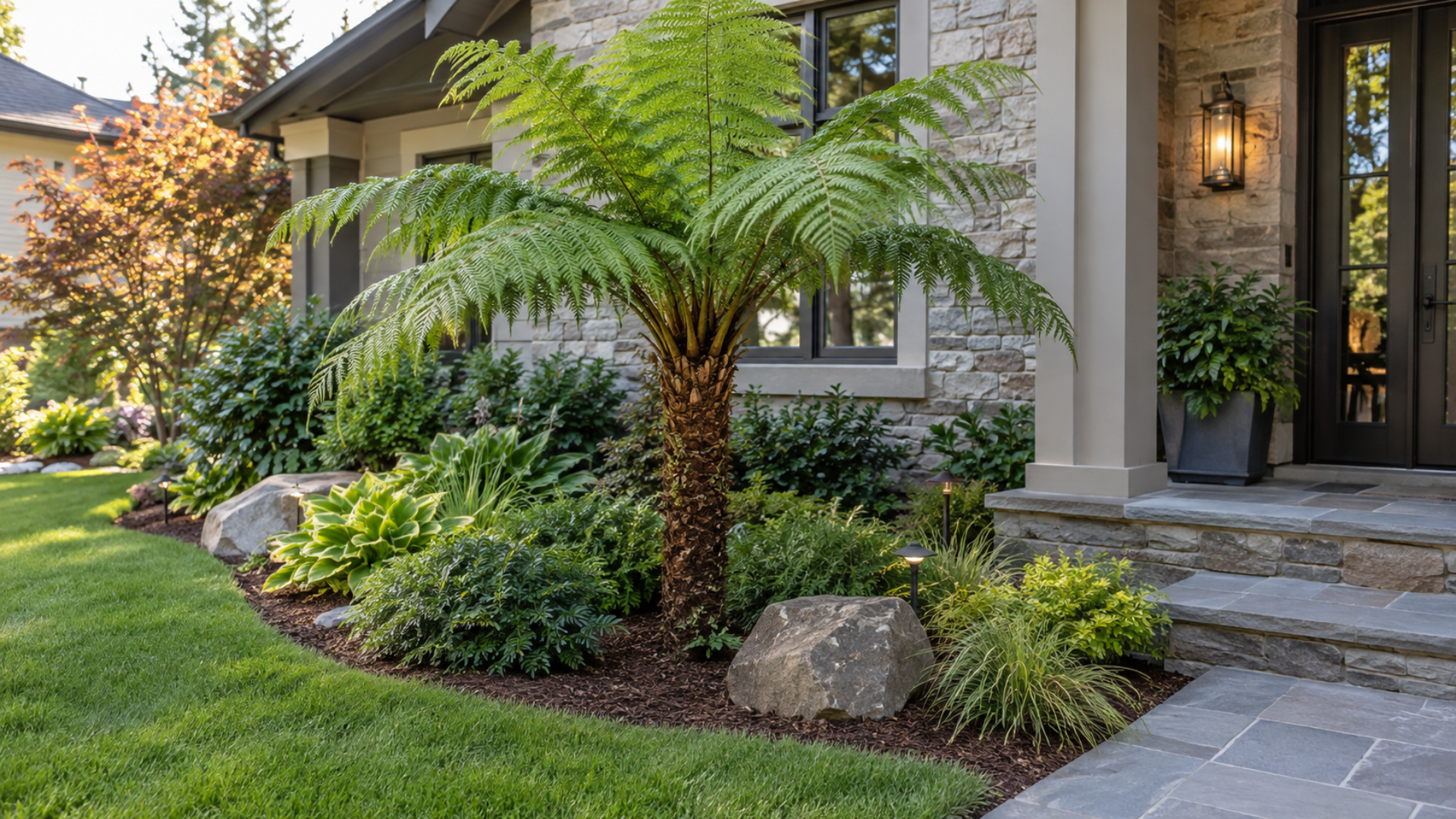Landscaped front yard with a large fern, rocks, shrubs, and a house entryway with stone steps
