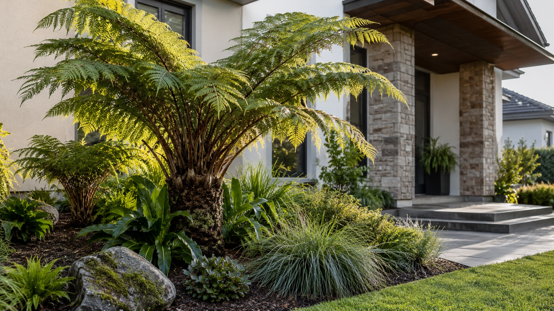 Landscaped front yard with a large fern, shrubs, and a modern house entrance