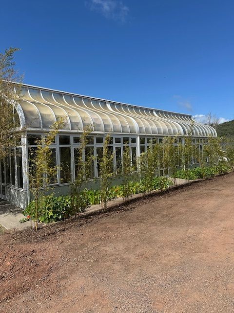 A large greenhouse with lots of windows is surrounded by plants and trees.