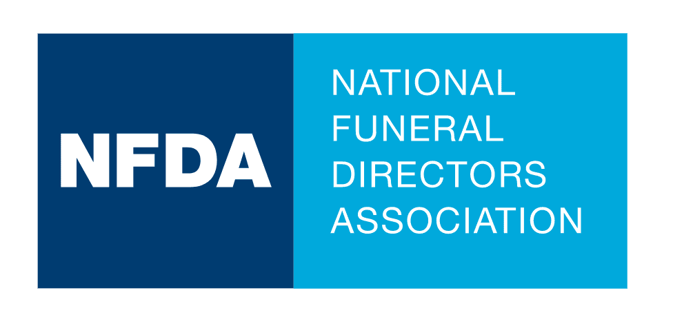 The logo for the national funeral directors association is blue and white.