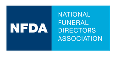 The logo for the national funeral directors association is blue and white.
