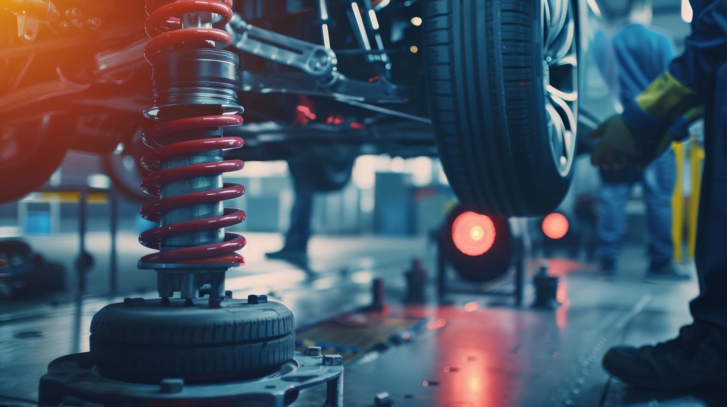 Close-up of a car’s suspension and wheel being inspected in a wet auto repair shop