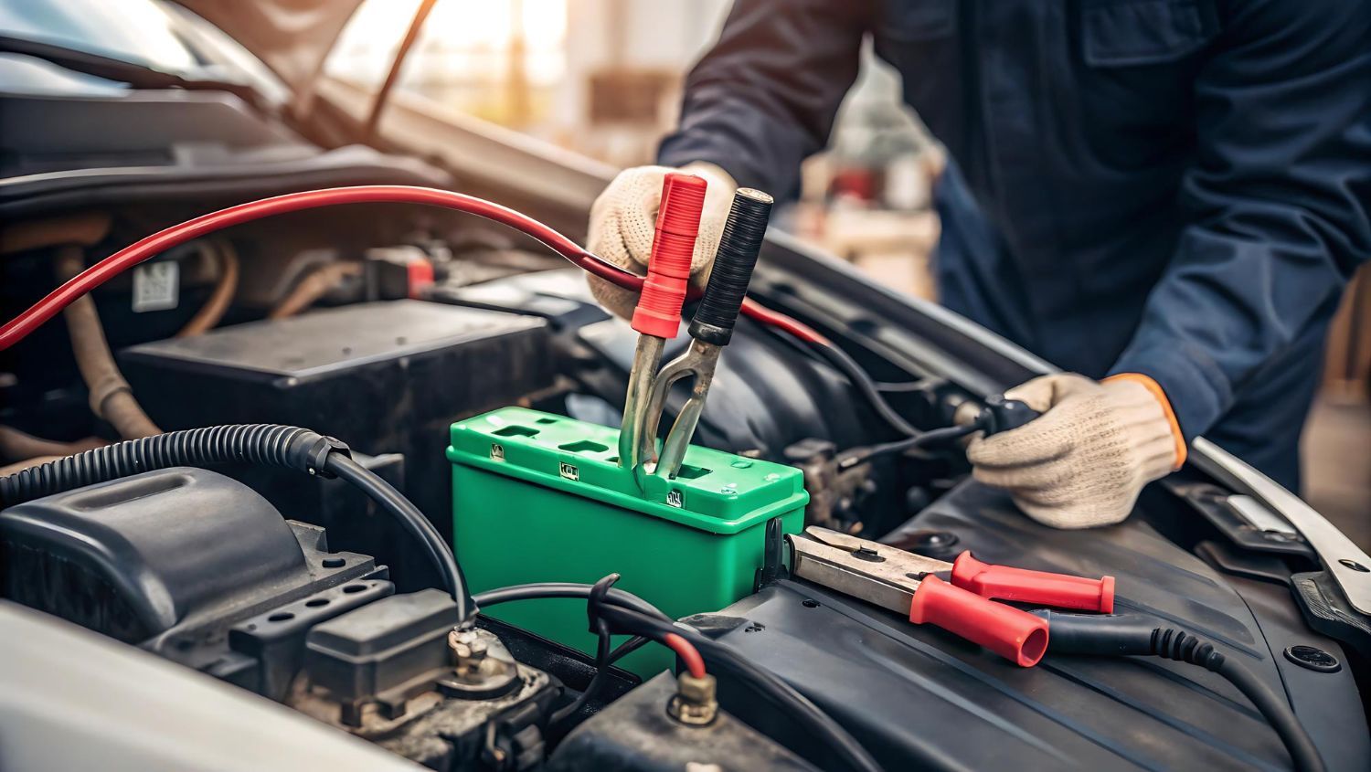 Mechanic testing a car battery with jumper cables in an engine bay, with tools nearby